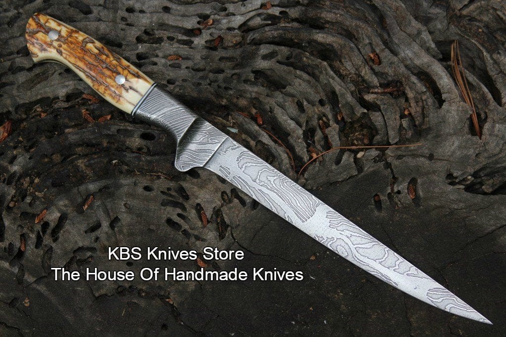 KBS Knives Store Damascus Knife Fishing Fillet Knife – 8" Damascus ELK Horn Handle
