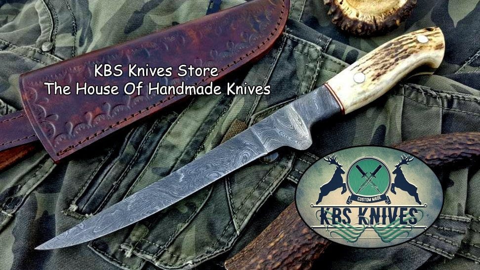 KBS Knives Store Damascus Knife Handmade Damascus Steel Fillet Boning Knife with Antler Horn and Damascus Bolster Handle