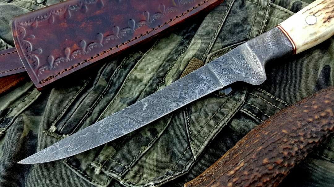 KBS Knives Store Damascus Knife Handmade Damascus Steel Fillet Boning Knife with Antler Horn and Damascus Bolster Handle