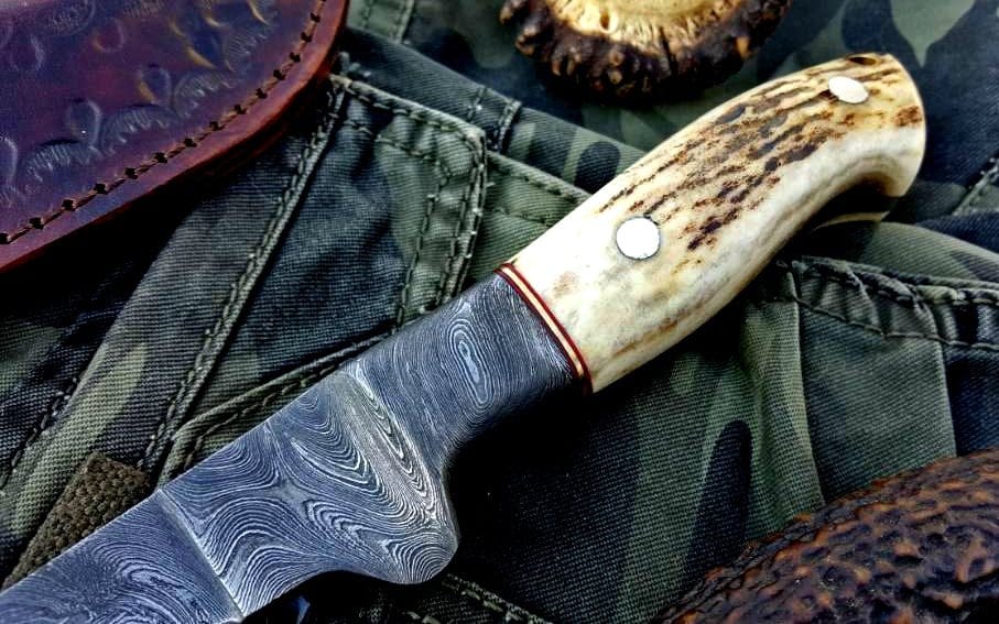 KBS Knives Store Damascus Knife Handmade Damascus Steel Fillet Boning Knife with Antler Horn and Damascus Bolster Handle