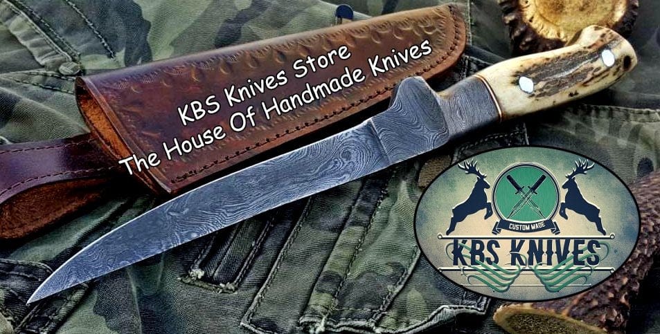 KBS Knives Store Damascus Knife Handmade Damascus Steel Fillet Boning Knife with Antler Horn and Damascus Bolster Handle