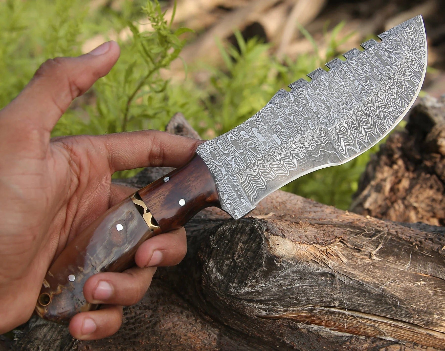 KBS Knives Store Damascus Knife Handmade Damascus Steel Tom Brown Best Tracker Knife For sale with Sheep Horn, Rose Wood and Brass Spacer Handle and Leather Sheath