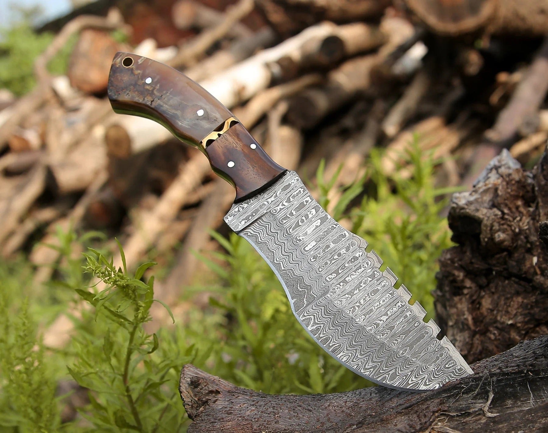 KBS Knives Store Damascus Knife Handmade Damascus Steel Tom Brown Best Tracker Knife For sale with Sheep Horn, Rose Wood and Brass Spacer Handle and Leather Sheath