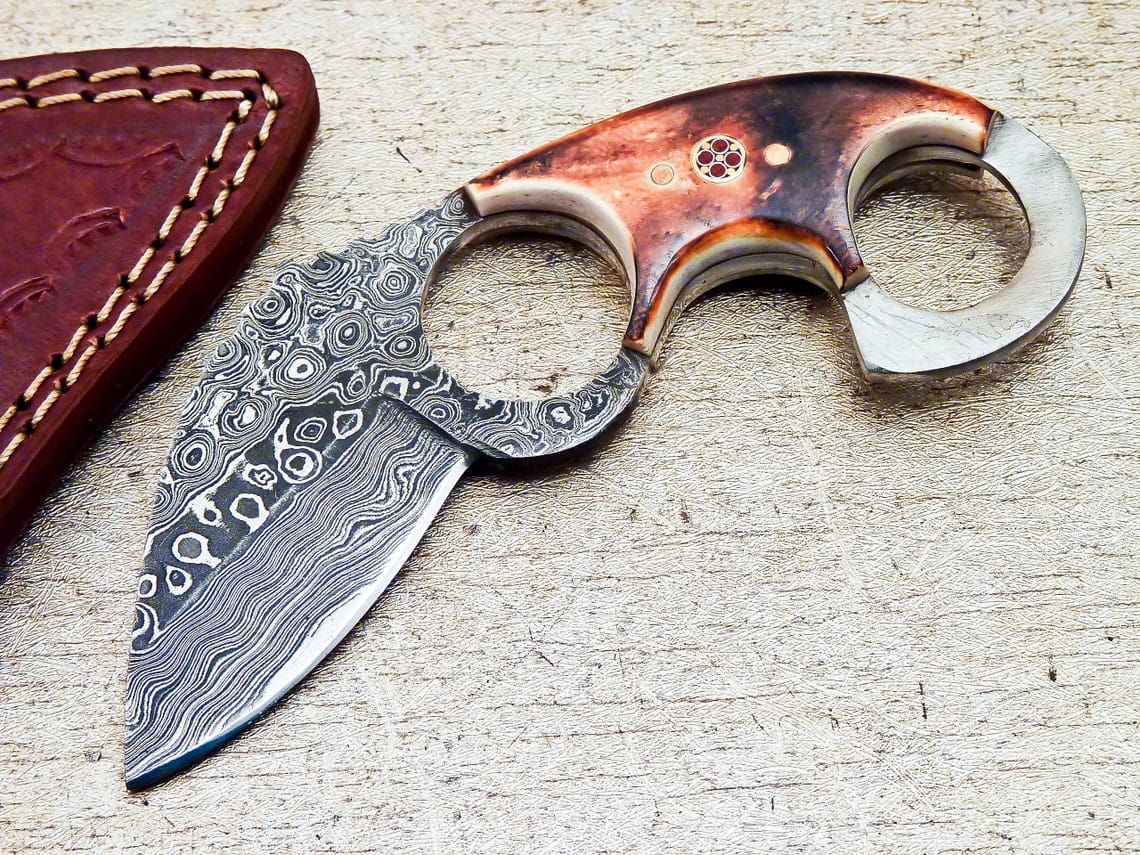 KBS Knives Store Damascus Knife KBS Knives Store Full Tang Damascus Steel Tactical Knife with Burn Bone Handle