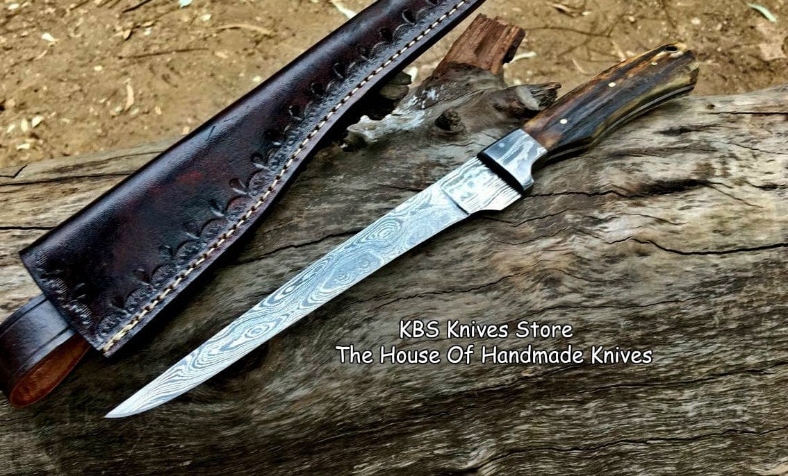 KBS Knives Store Damascus Knife KBS Knives Store Handmade Damascus Steel Fillet Boning Knife with Antler Horn and Damascus Bolster Handle and Leather Sheath