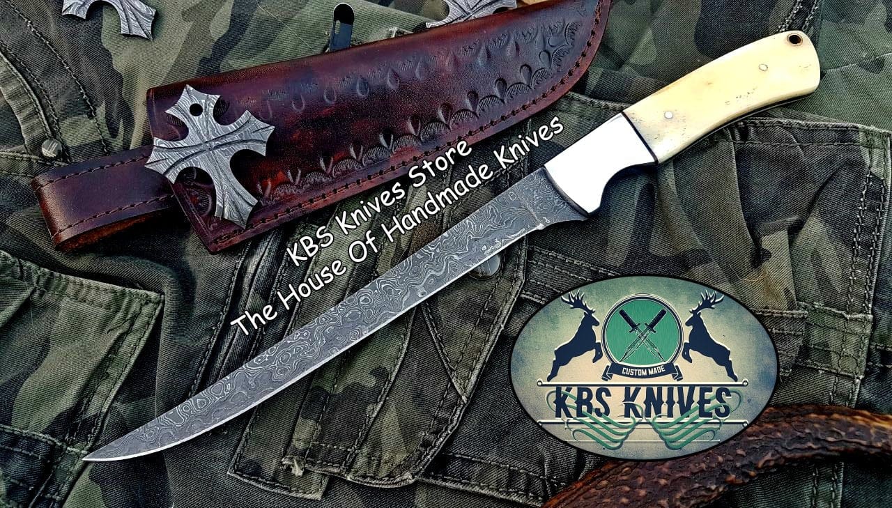 KBS Knives Store Damascus Knife KBS Knives Store Handmade Damascus Steel Fillet Boning Knife with Bone and Steel Bolster Handle and Leather Sheath