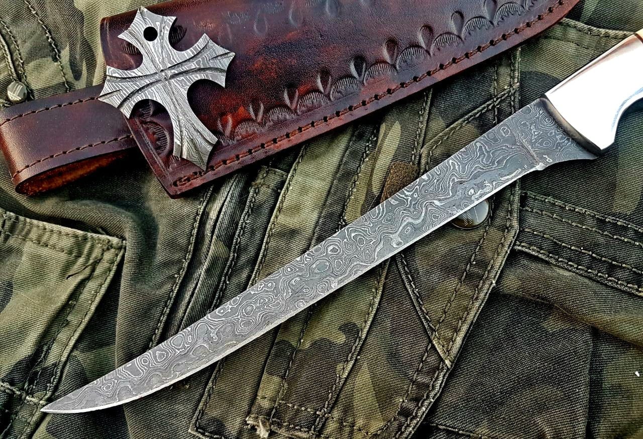 KBS Knives Store Damascus Knife KBS Knives Store Handmade Damascus Steel Fillet Boning Knife with Bone and Steel Bolster Handle and Leather Sheath
