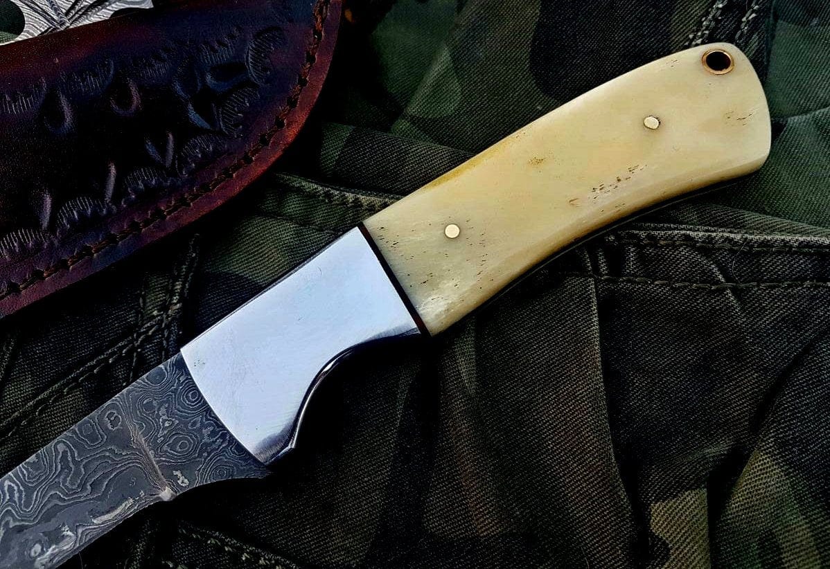KBS Knives Store Damascus Knife KBS Knives Store Handmade Damascus Steel Fillet Boning Knife with Bone and Steel Bolster Handle and Leather Sheath