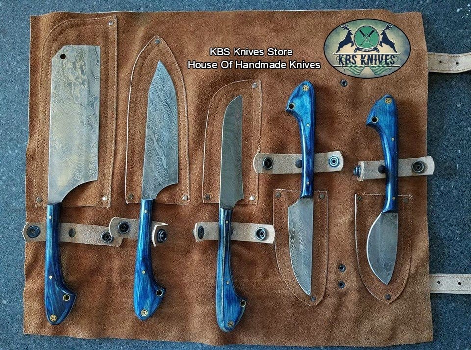 KBS Knives Store Damascus Knife Meat Processing Kit – 5-Piece Damascus Steel Knife Set with Leather Roll
