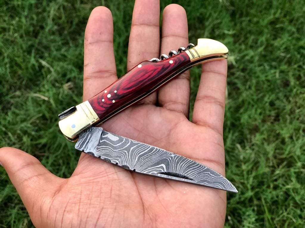 KBS Knives Store Damascus Knife New Custom Handmade Damascus Steel Steak Blade Pocket Knife With  Corkscrew Wine Opener