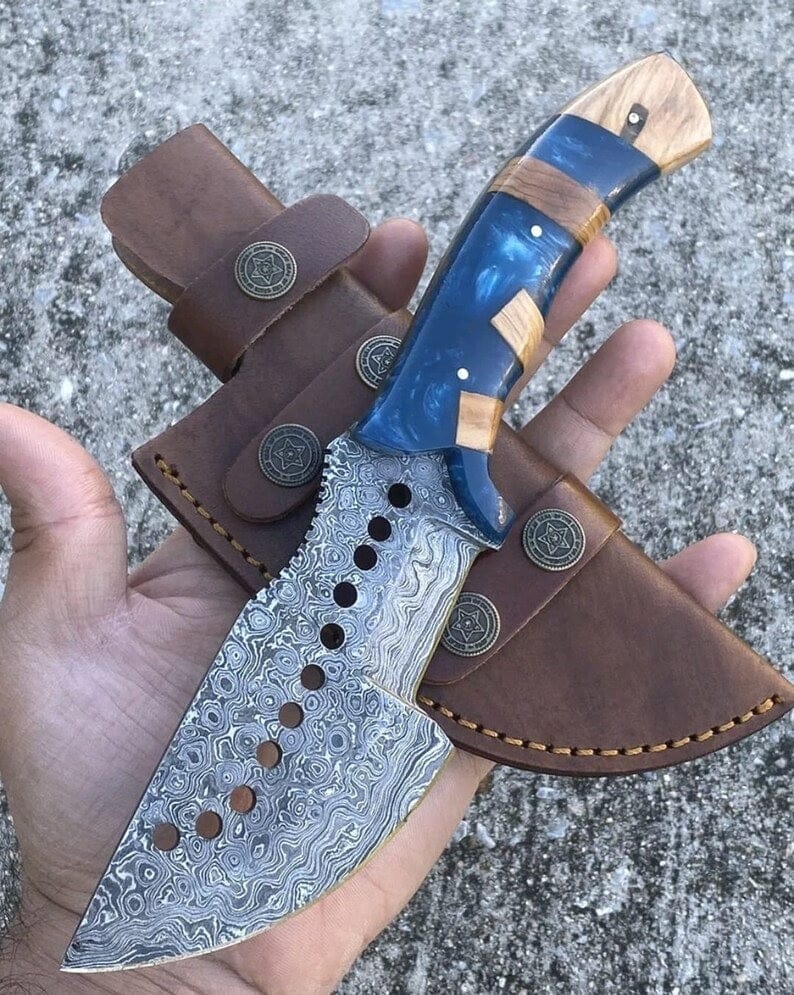 KBS Knives Store Damascus Knife Raindrops Pattern Damascus Steel Handmade Tom Brown Tracker Knife with Epoxy Resin Handle - 10 Inches Overall Length