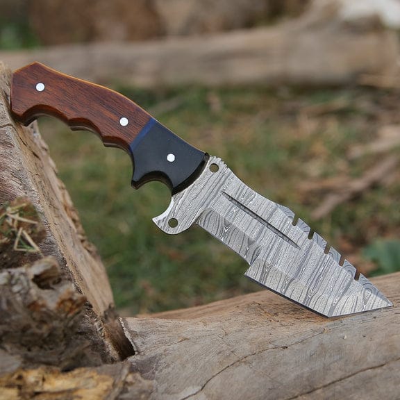 KBS Knives Store Damascus Knife Tracker Scout – Handmade Damascus Steel Knife with Rosewood & Buffalo Horn Handle