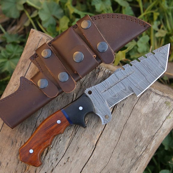 KBS Knives Store Damascus Knife Tracker Scout – Handmade Damascus Steel Knife with Rosewood & Buffalo Horn Handle