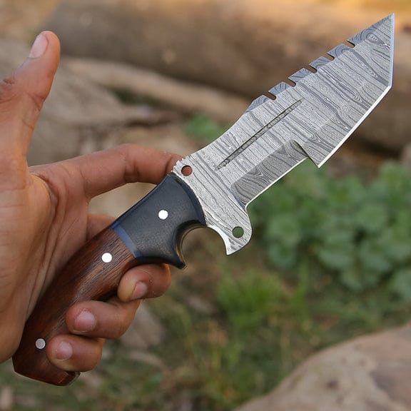 KBS Knives Store Damascus Knife Tracker Scout – Handmade Damascus Steel Knife with Rosewood & Buffalo Horn Handle