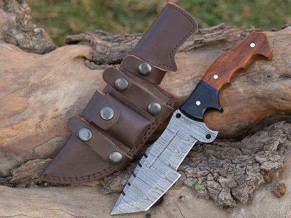 KBS Knives Store Damascus Knife Tracker Scout – Handmade Damascus Steel Knife with Rosewood & Buffalo Horn Handle