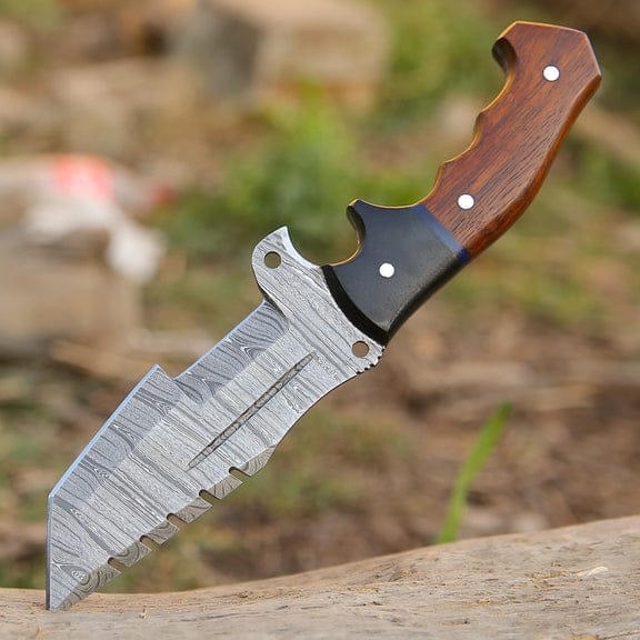 KBS Knives Store Damascus Knife Tracker Scout – Handmade Damascus Steel Knife with Rosewood & Buffalo Horn Handle