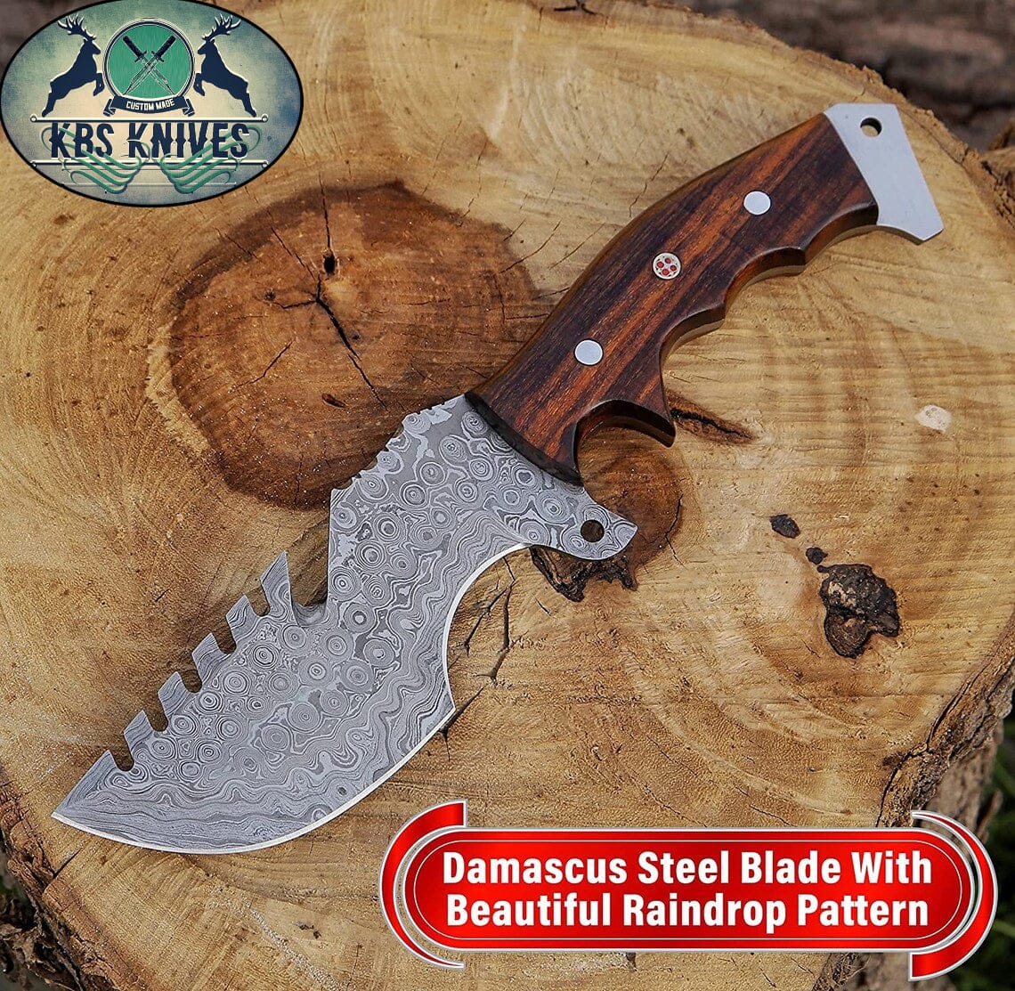 KBS Knives Store Damascus Knife Weyland Tracker Knife – Handmade Damascus Survival Blade with Rosewood Handle
