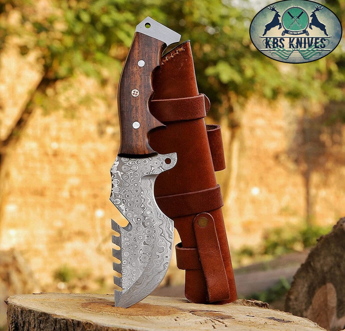 KBS Knives Store Damascus Knife Weyland Tracker Knife – Handmade Damascus Survival Blade with Rosewood Handle
