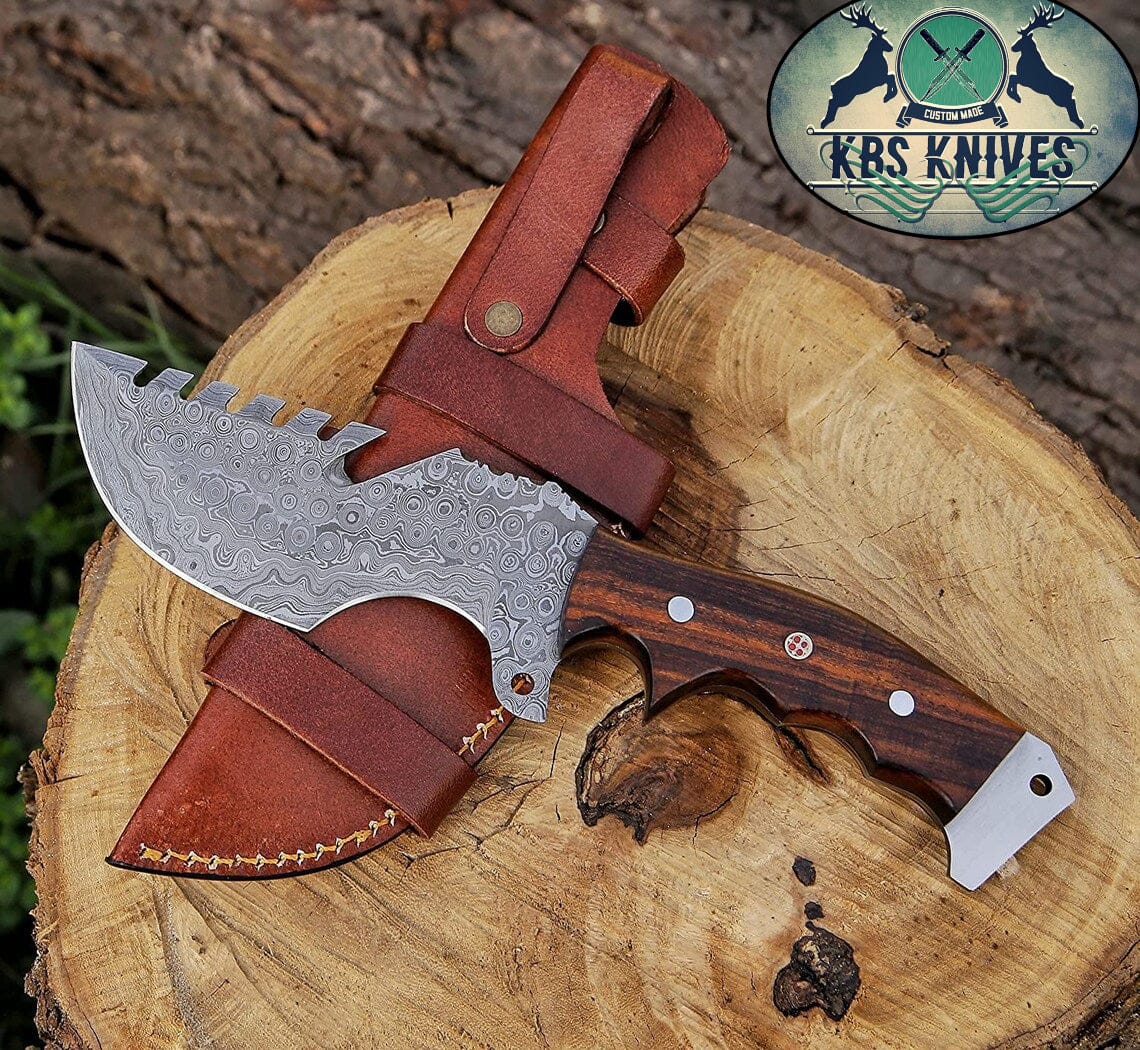 KBS Knives Store Damascus Knife Weyland Tracker Knife – Handmade Damascus Survival Blade with Rosewood Handle