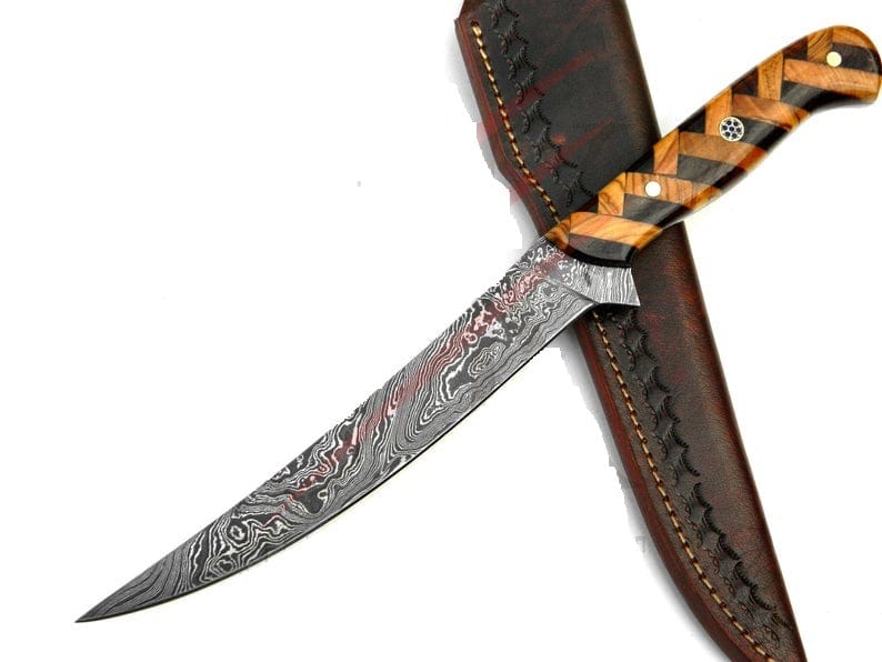 KBS Knives Store Fillet Knife 7" Filet Knife Damascus Blade Olivewood Handle