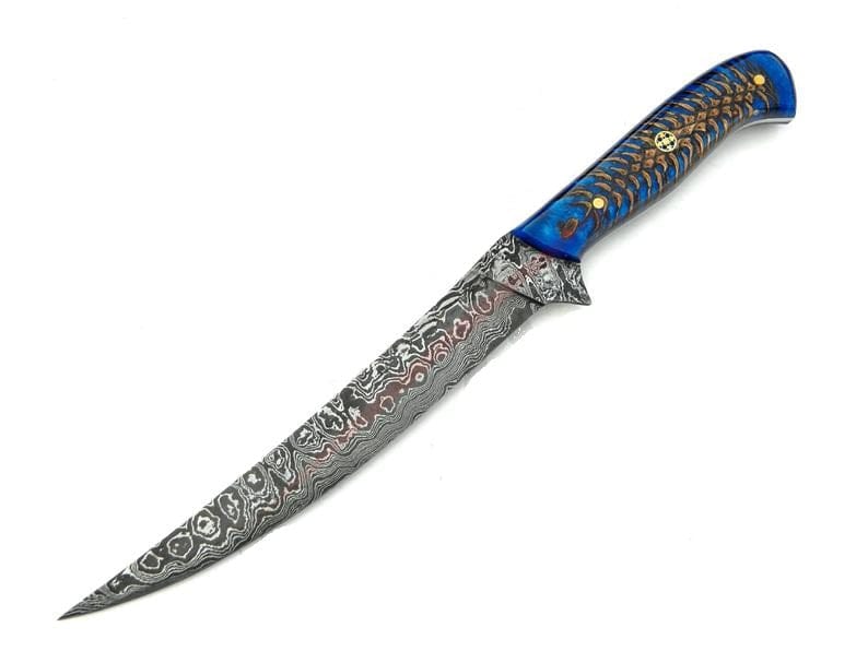 KBS Knives Store Fillet Knife Best Fillet Knife – 13" Handmade Damascus with Blue Resin Handle