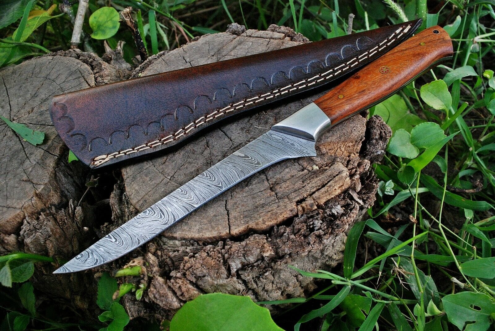 KBS Knives Store Fillet Knife Custom Handmade Damascus Steel Fillet Knife with Rose Wood and Steel Bolster Handle