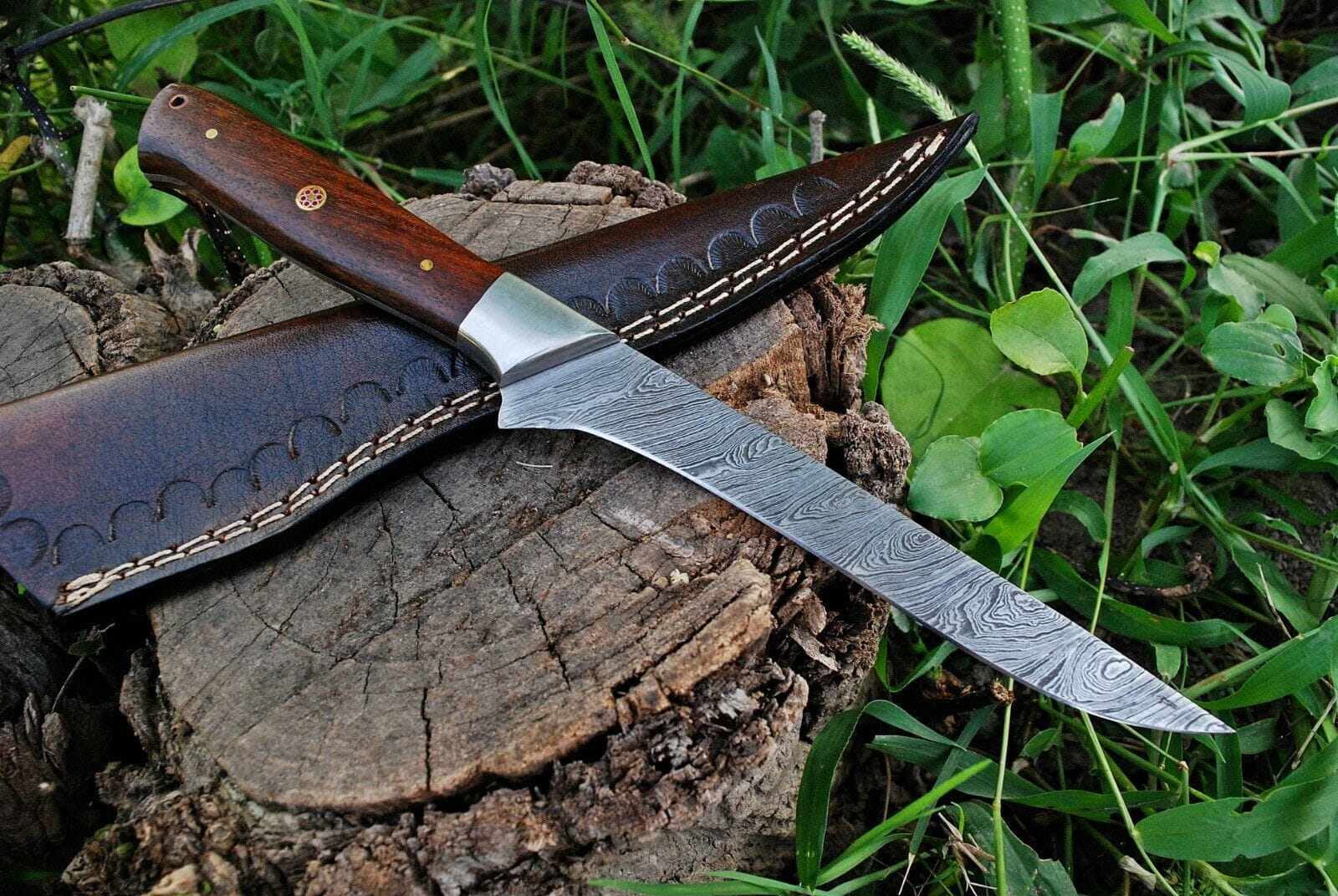 KBS Knives Store Fillet Knife Custom Handmade Damascus Steel Fillet Knife with Rose Wood and Steel Bolster Handle