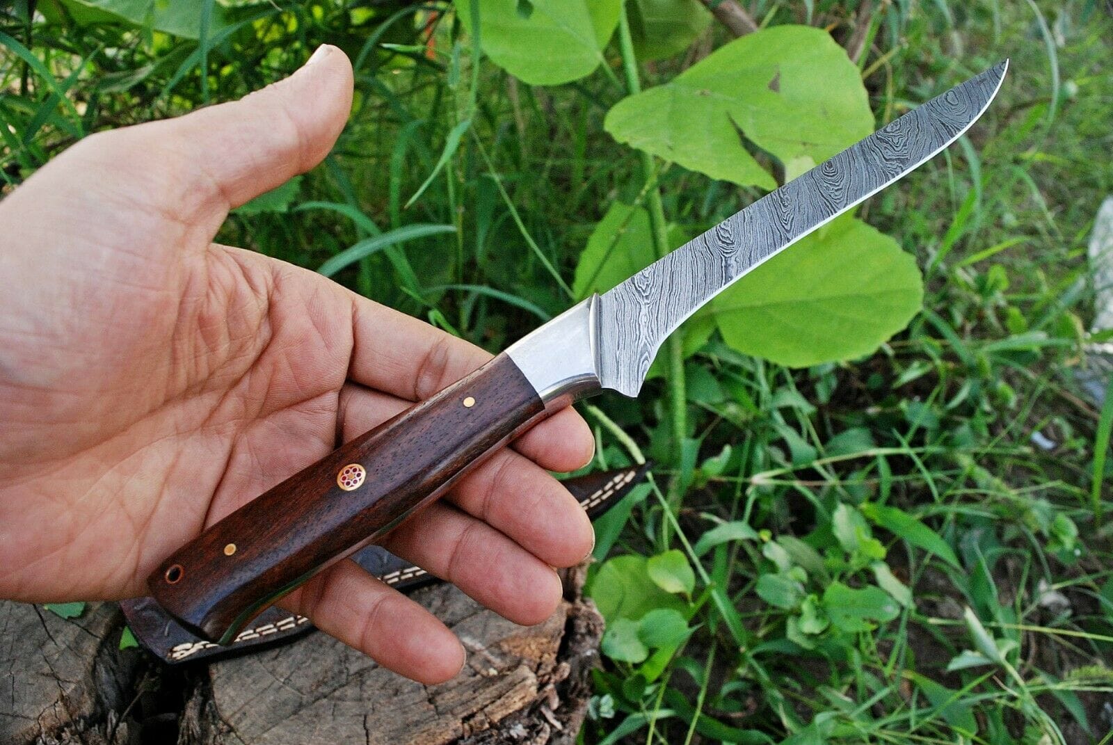 KBS Knives Store Fillet Knife Custom Handmade Damascus Steel Fillet Knife with Rose Wood and Steel Bolster Handle