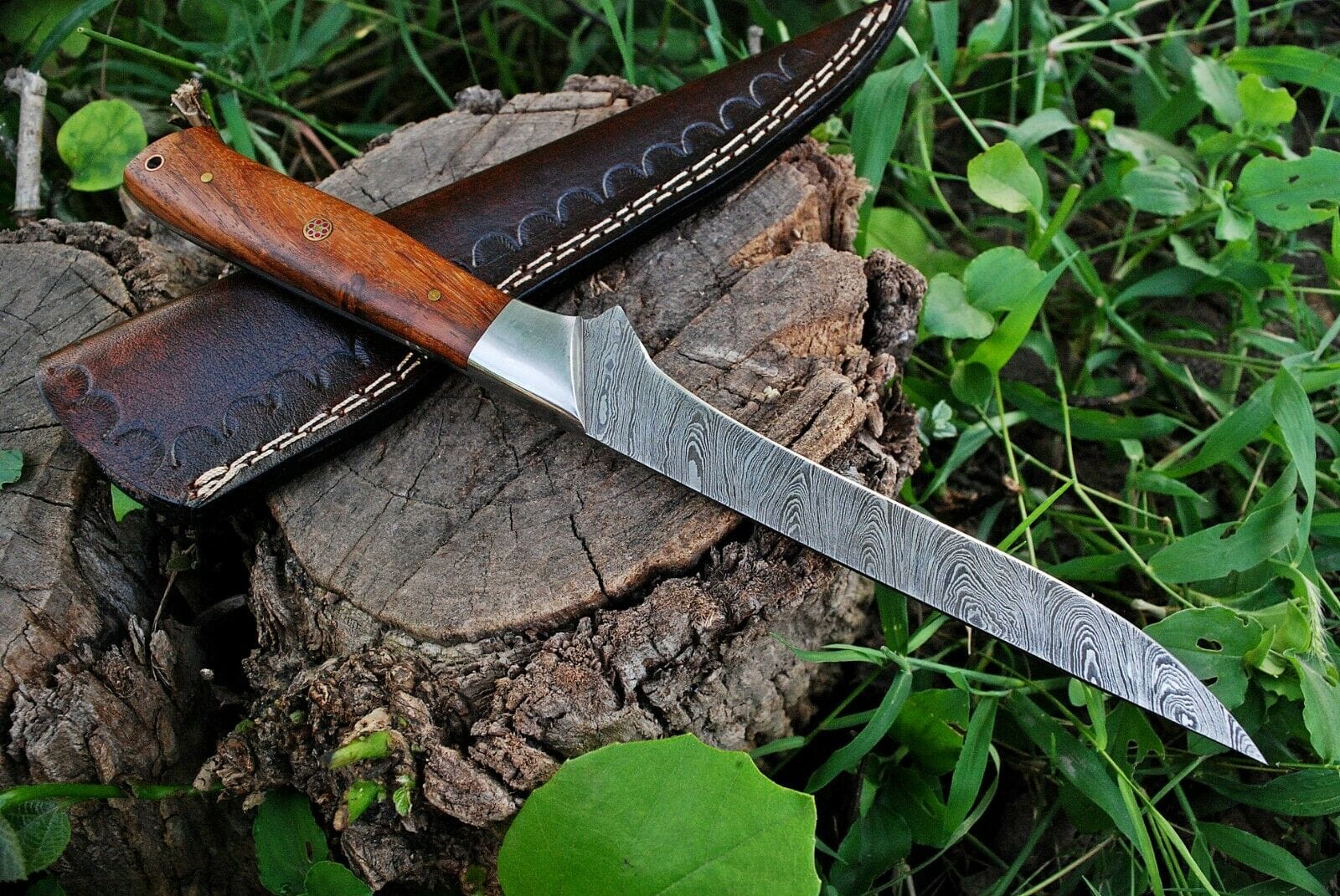 KBS Knives Store Fillet Knife Custom Handmade Damascus Steel Fillet Knife with Rose Wood and Steel Bolster Handle