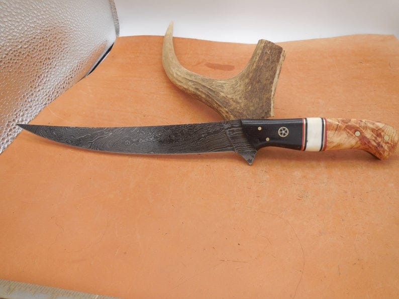 KBS Knives Store Fillet Knife Damascus Steel Handmade Fillet-Boning Knife with Bone-Olive Wood and Buffalo Horn Handle