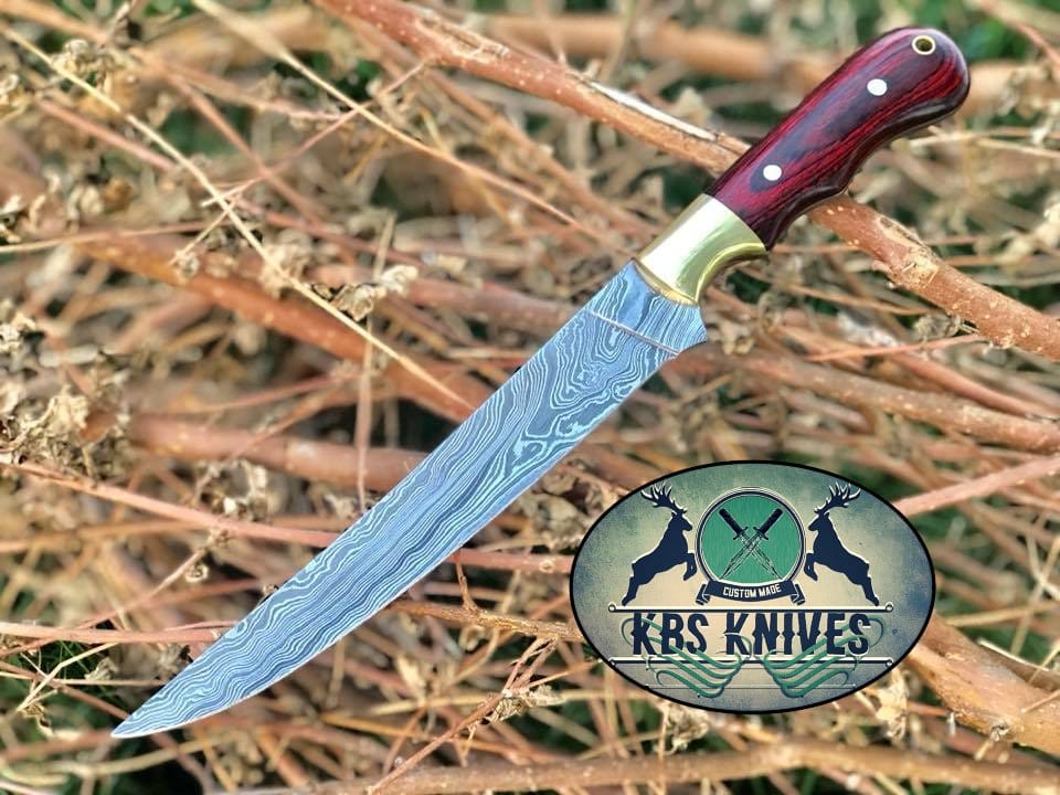 KBS Knives Store Fillet Knife Damascus Steel Handmade Fillet Boning Knife with Exotic Wood and Brass Bolster Handle, 13 inches" by KBS Knives Store