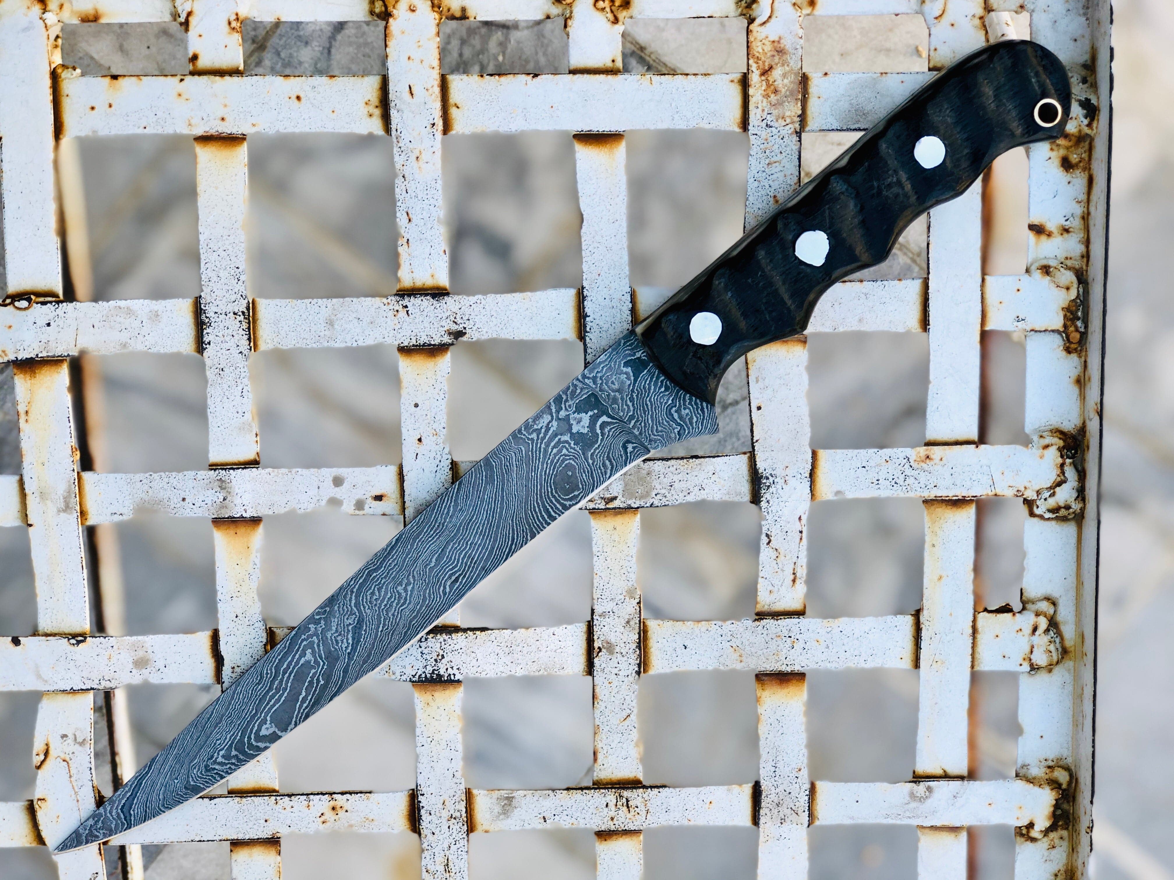 KBS Knives Store Fillet Knife Damascus Steel Handmade Fillet Boning Knife with Sheep Horn Handle, 13 Inches with Leather Sheath by KBS Knives Store