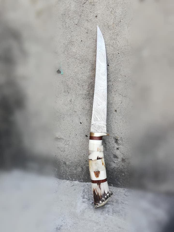 KBS Knives Store Fillet Knife Damascus Steel Handmade Fillet Boning Knife with Stag Horn, Bone and Brass Finger Guard Handle, 12-Inch Overall Length