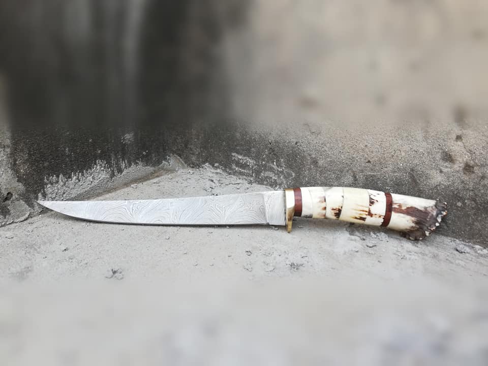 KBS Knives Store Fillet Knife Damascus Steel Handmade Fillet Boning Knife with Stag Horn, Bone and Brass Finger Guard Handle, 12-Inch Overall Length