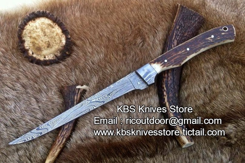 KBS Knives Store Fillet Knife Fish Fillet Knife – 7" Damascus Blade with Sheath