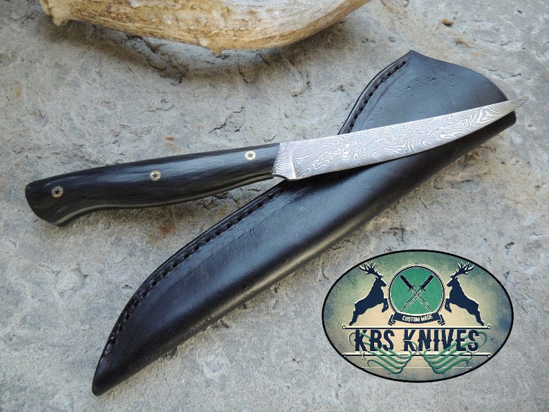 KBS Knives Store Fillet Knife Handmade Damascus Steel Fillet-Boning Knife with Black Micarta Handle - 11 Inch Overall Length, Leather Sheath Included by KBS Knives Store
