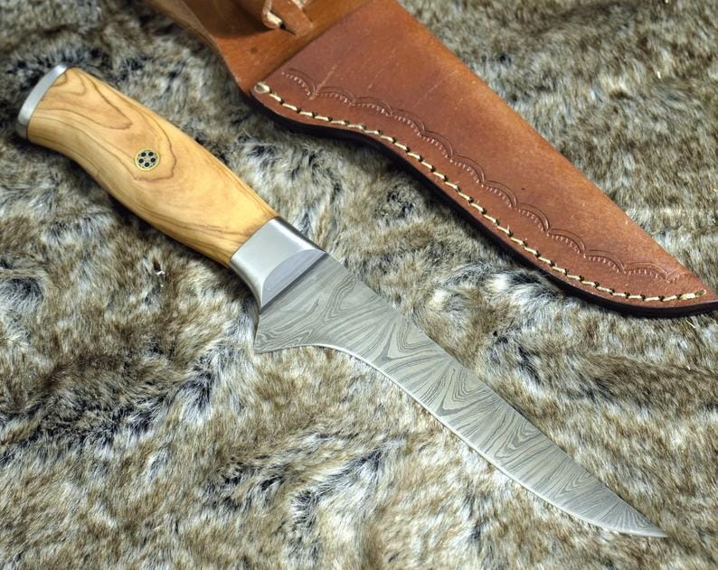 KBS Knives Store Fillet Knife Handmade Damascus Steel Fillet-Boning Knife with Olive Wood and Steel Bolster Handle - 11 Inch Overall Length
