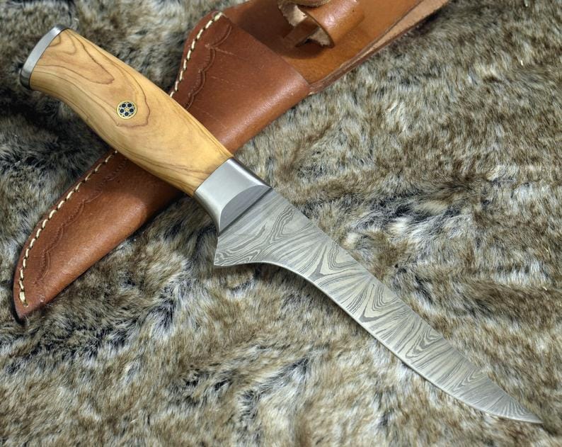 KBS Knives Store Fillet Knife Handmade Damascus Steel Fillet-Boning Knife with Olive Wood and Steel Bolster Handle - 11 Inch Overall Length