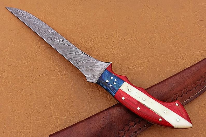 KBS Knives Store Fillet Knife Handmade Damascus Steel Fillet-Boning Knife with Texas Flag Red-Blue Exotic Wood and Bone Handle - 13 Inch Overall Length