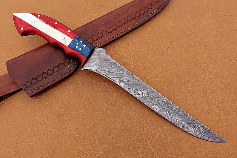 KBS Knives Store Fillet Knife Handmade Damascus Steel Fillet-Boning Knife with Texas Flag Red-Blue Exotic Wood and Bone Handle - 13 Inch Overall Length