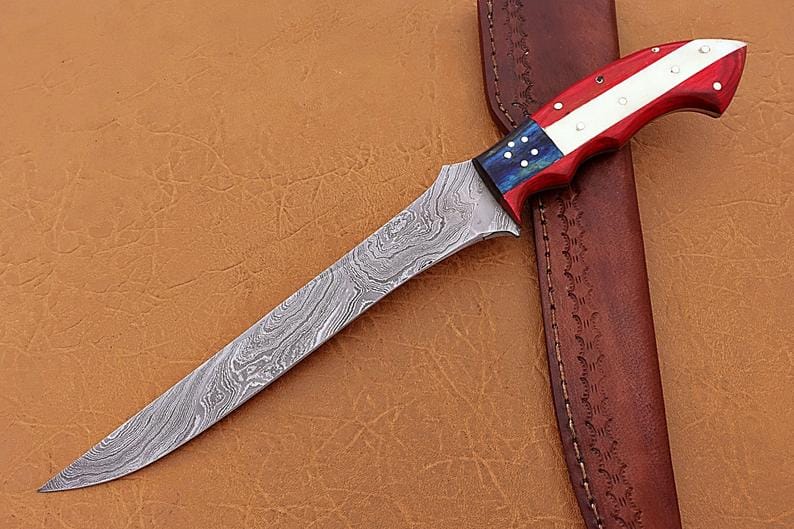 KBS Knives Store Fillet Knife Handmade Damascus Steel Fillet-Boning Knife with Texas Flag Red-Blue Exotic Wood and Bone Handle - 13 Inch Overall Length