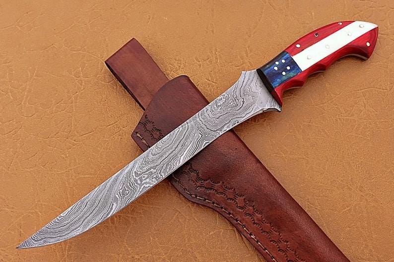 KBS Knives Store Fillet Knife Handmade Damascus Steel Fillet-Boning Knife with Texas Flag Red-Blue Exotic Wood and Bone Handle - 13 Inch Overall Length