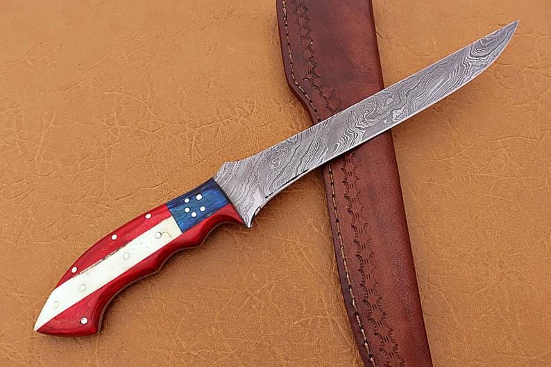 KBS Knives Store Fillet Knife Handmade Damascus Steel Fillet-Boning Knife with Texas Flag Red-Blue Exotic Wood and Bone Handle - 13 Inch Overall Length