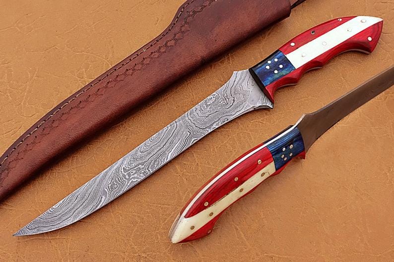 KBS Knives Store Fillet Knife Handmade Damascus Steel Fillet-Boning Knife with Texas Flag Red-Blue Exotic Wood and Bone Handle - 13 Inch Overall Length