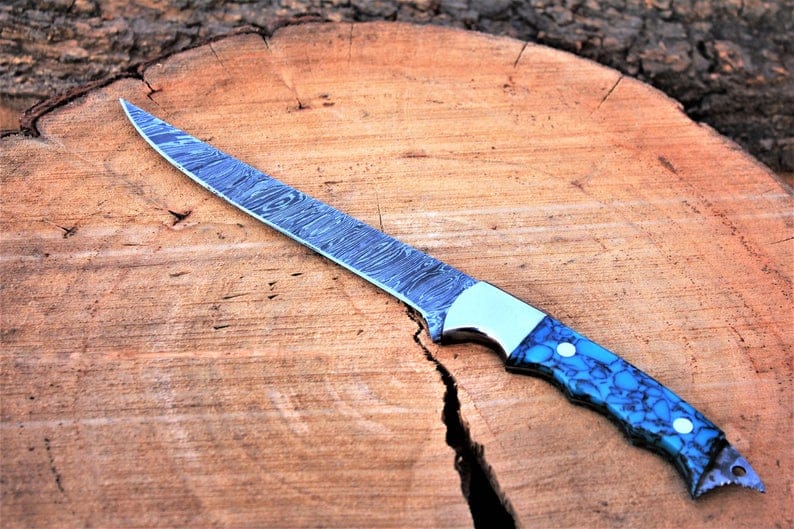 KBS Knives Store Fillet Knife Handmade Damascus Steel Fillet Knife with Epoxy Resin and Steel Bolster Handle - 13" Overall Length