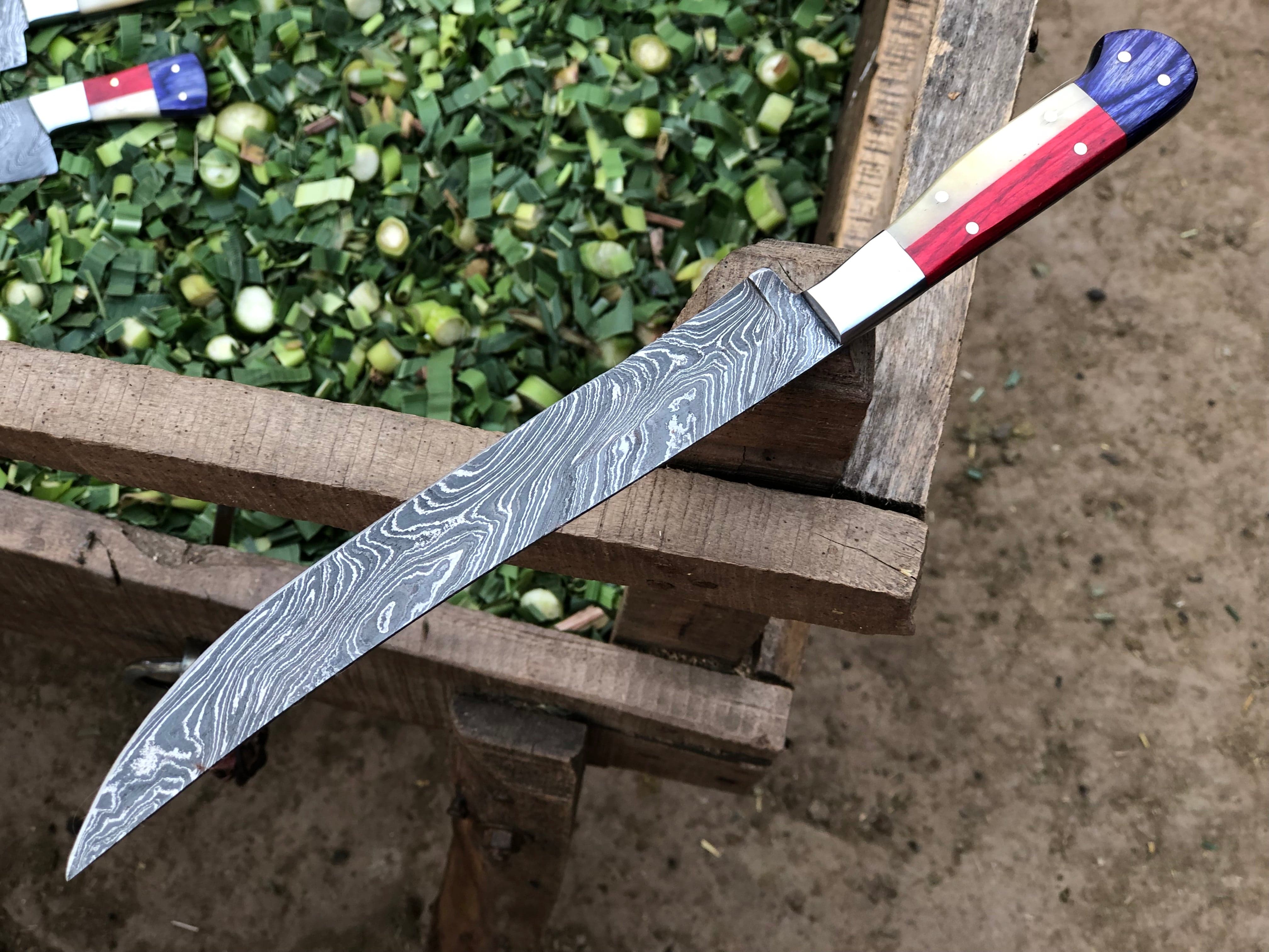KBS Knives Store Fillet Knife Texas Flag Handle Damascus Steel Handmade Fillet Boning Knife with Blue and Red Exotic Wood and Bone Handle, 12.5 Inches