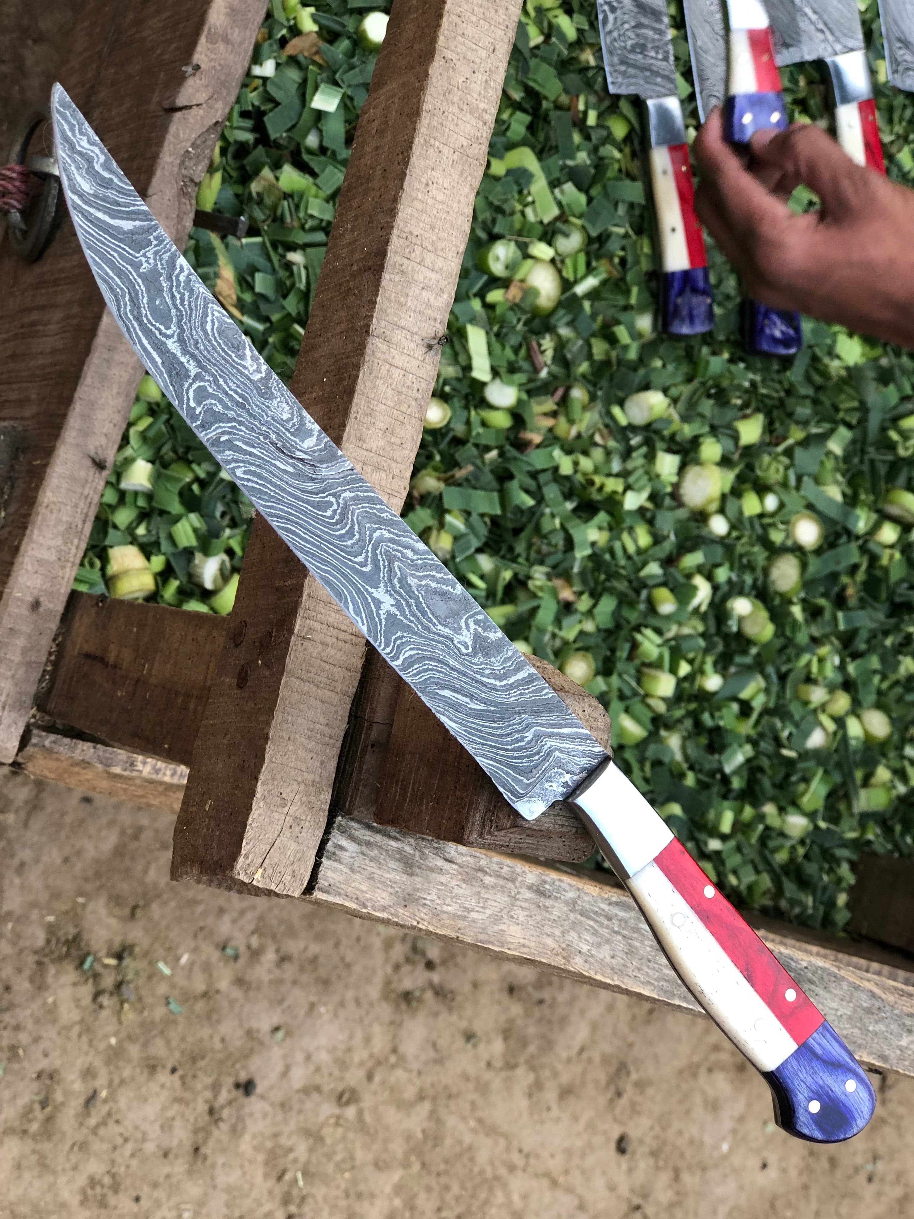 KBS Knives Store Fillet Knife Texas Flag Handle Damascus Steel Handmade Fillet Boning Knife with Blue and Red Exotic Wood and Bone Handle, 12.5 Inches