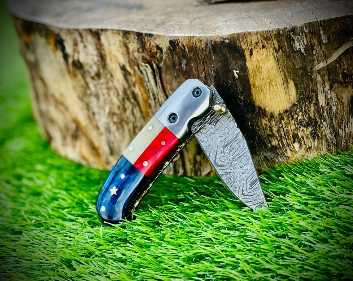 KBS Knives Store Folding Knife 1 "Custom Handmade Texas Flag Damascus Steel Folding Pocket Knife | Exotic Wood-Bone Texas Flag Handle | 3.1 Inch Blade | Leather Sheath | KBS Knives Store"