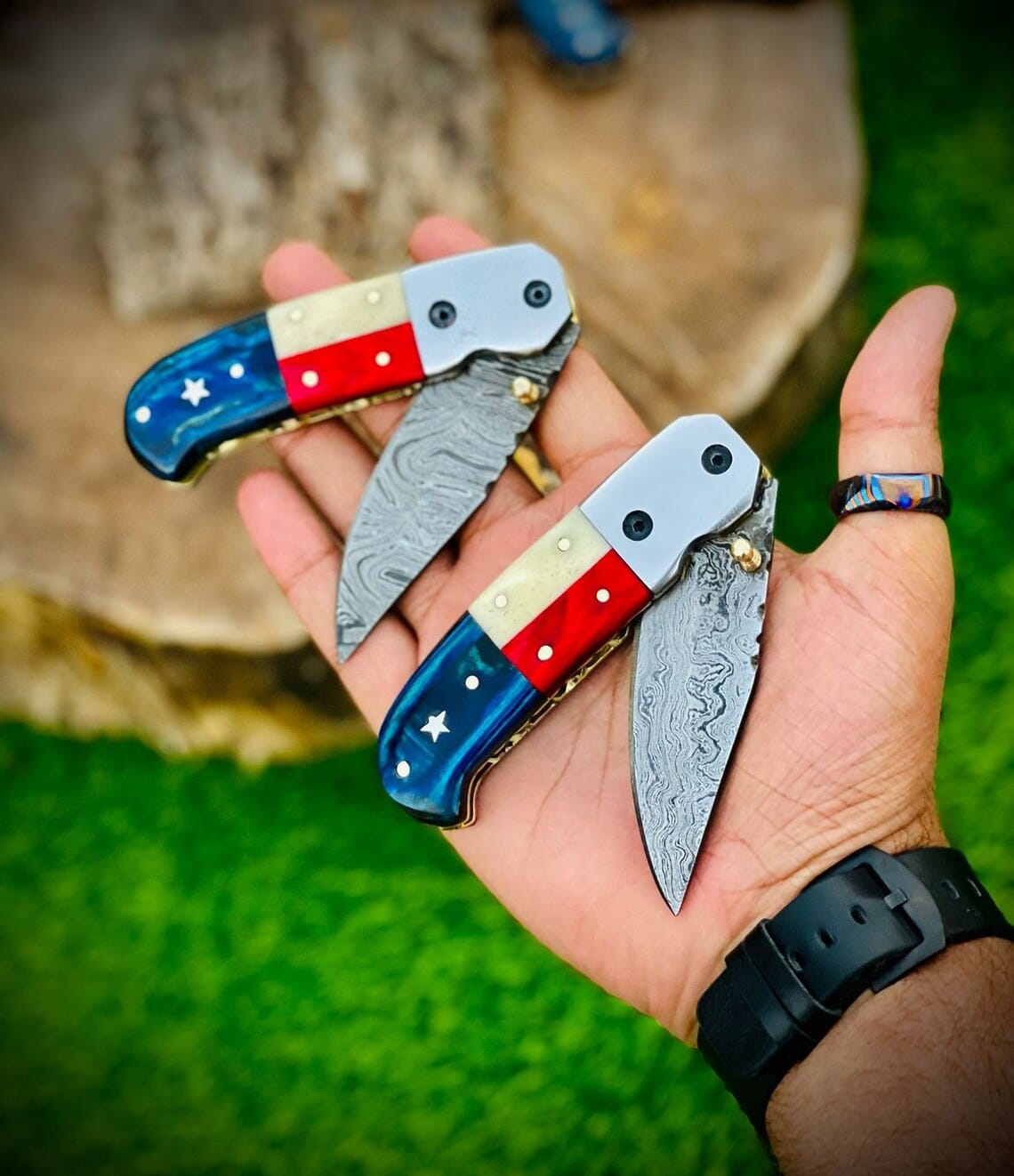 KBS Knives Store Folding Knife 2 "Custom Handmade Texas Flag Damascus Steel Folding Pocket Knife | Exotic Wood-Bone Texas Flag Handle | 3.1 Inch Blade | Leather Sheath | KBS Knives Store"