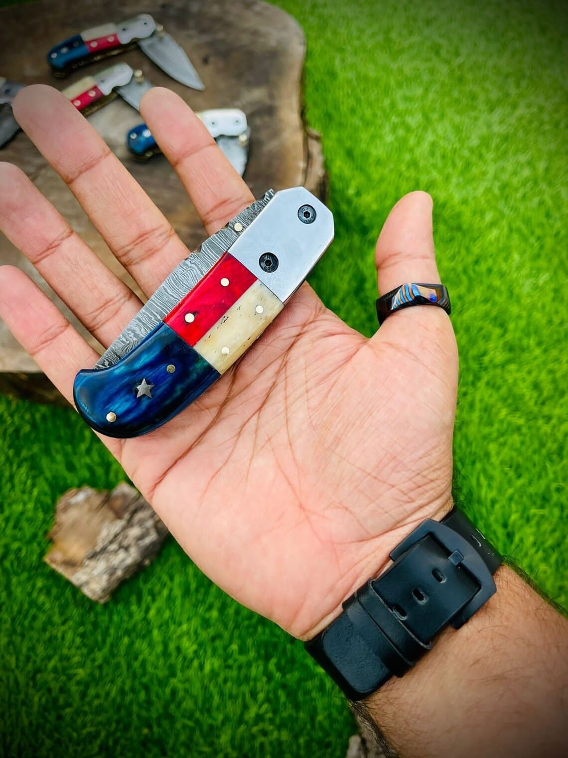 KBS Knives Store Folding Knife 3 "Custom Handmade Texas Flag Damascus Steel Folding Pocket Knife | Exotic Wood-Bone Texas Flag Handle | 3.1 Inch Blade | Leather Sheath | KBS Knives Store"